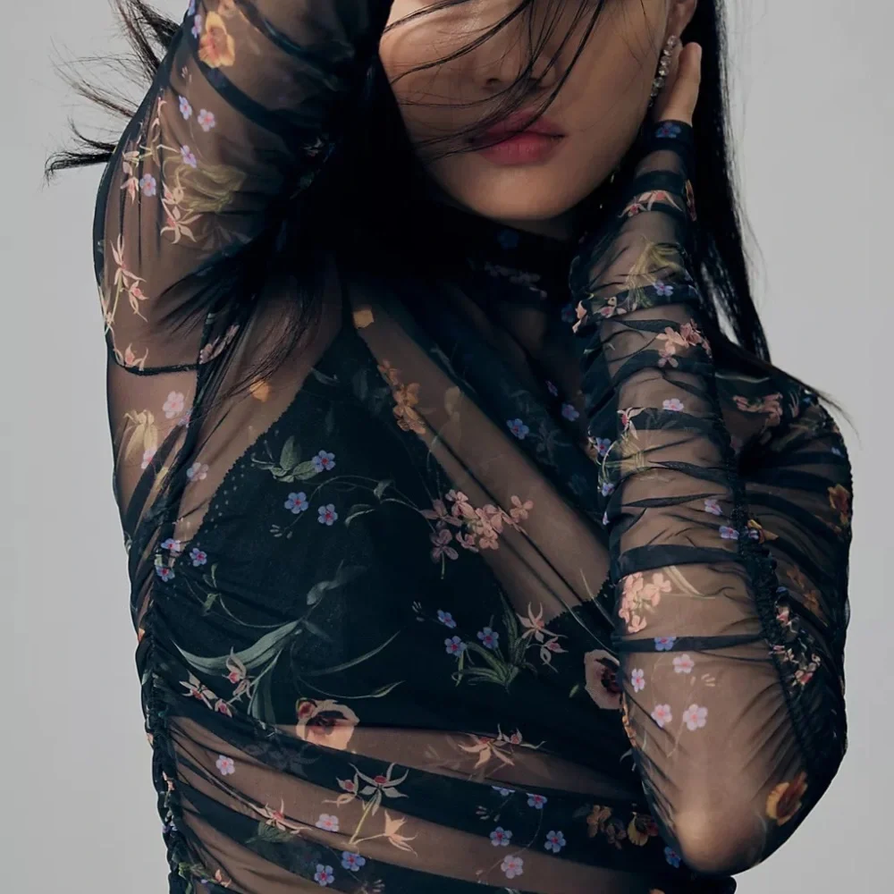 🖤 Maeve by Anthropologie Floral Sheer Mesh Long Sleeve Top | Size L - Picture 4 of 10